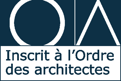 Logotype de l'Ordre des architectes. Un O et un A très graphique avec un jeu de positif/négatif. Le tout en bleu marine