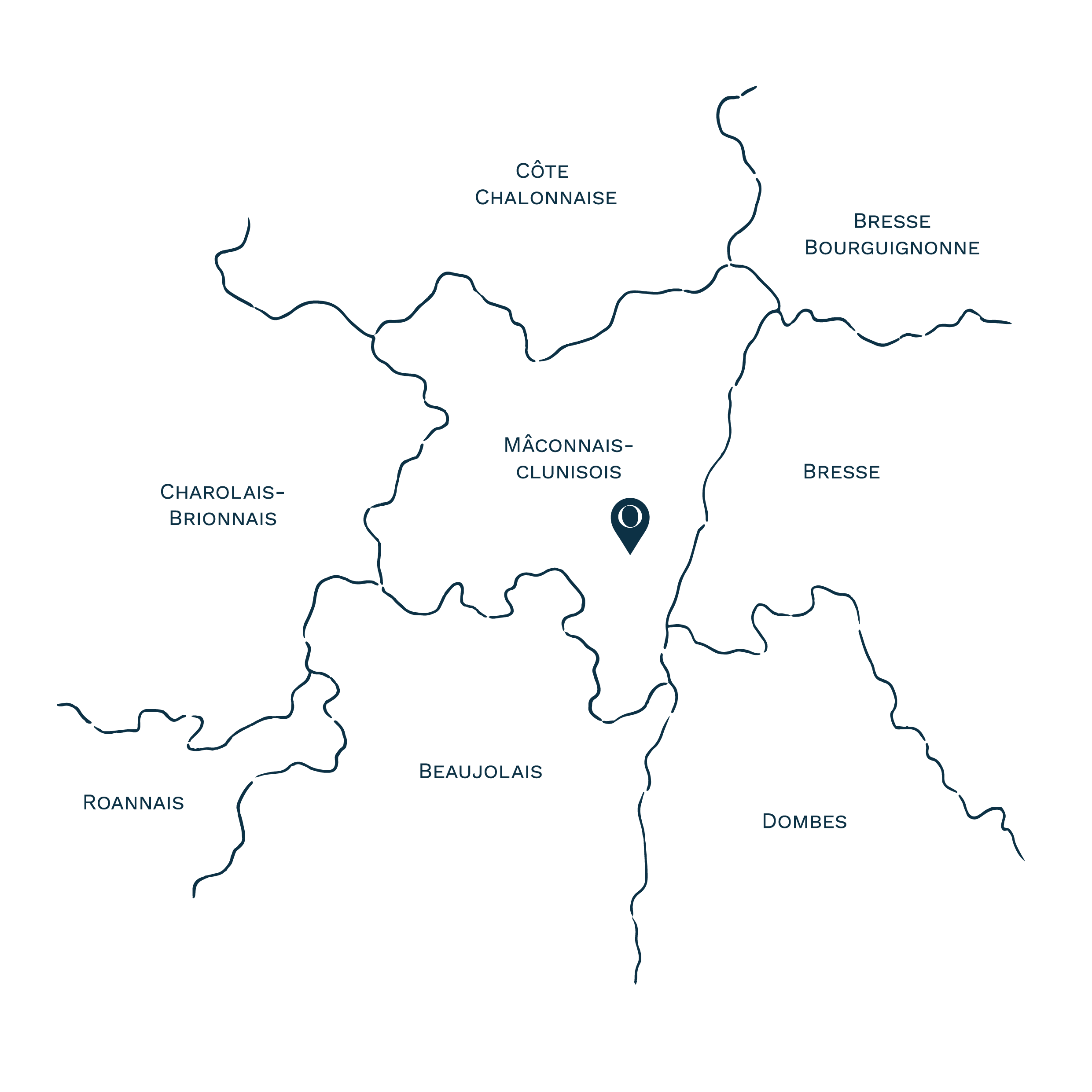 Carte de la zone d'intervention d'Ocre architecture : Mâconnais, Clunisois, côtes Chalonnaises, Roannais, Charolais, Brionnais, Ain, Bresse Bourguigonne, Dombes.