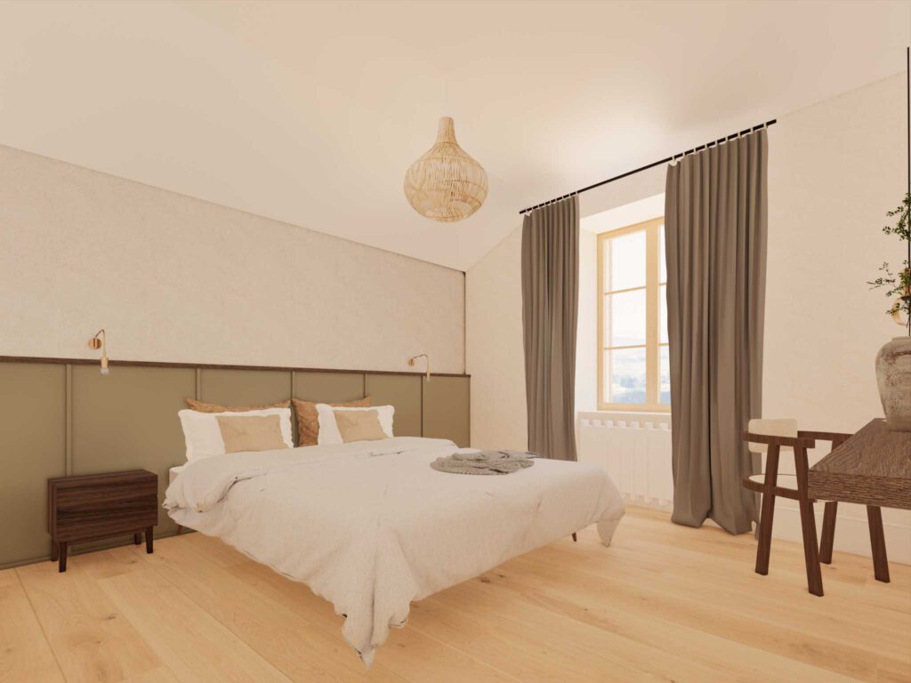 Visuel 3D de la rénovation d'une chambre dans une maison dans le mâconnais.